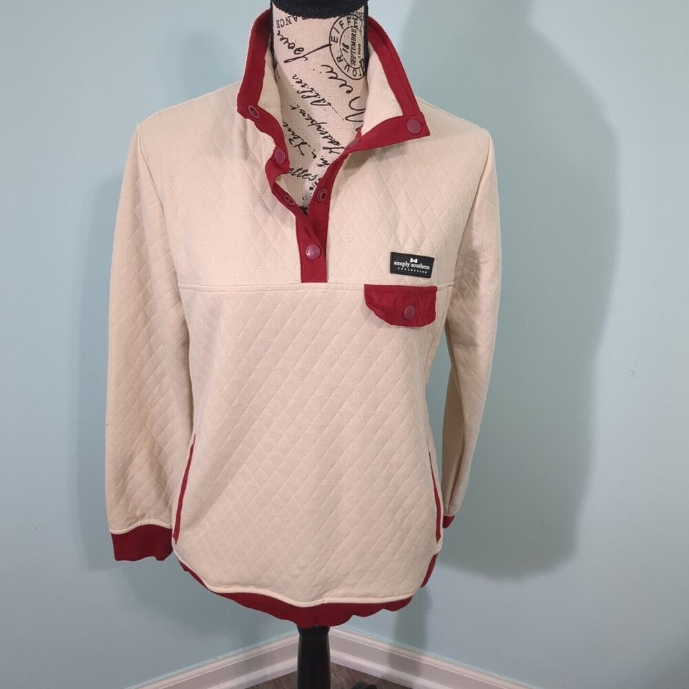Simply Southern Collection Cream & Maroon Pullover Quilted Sweatshirt